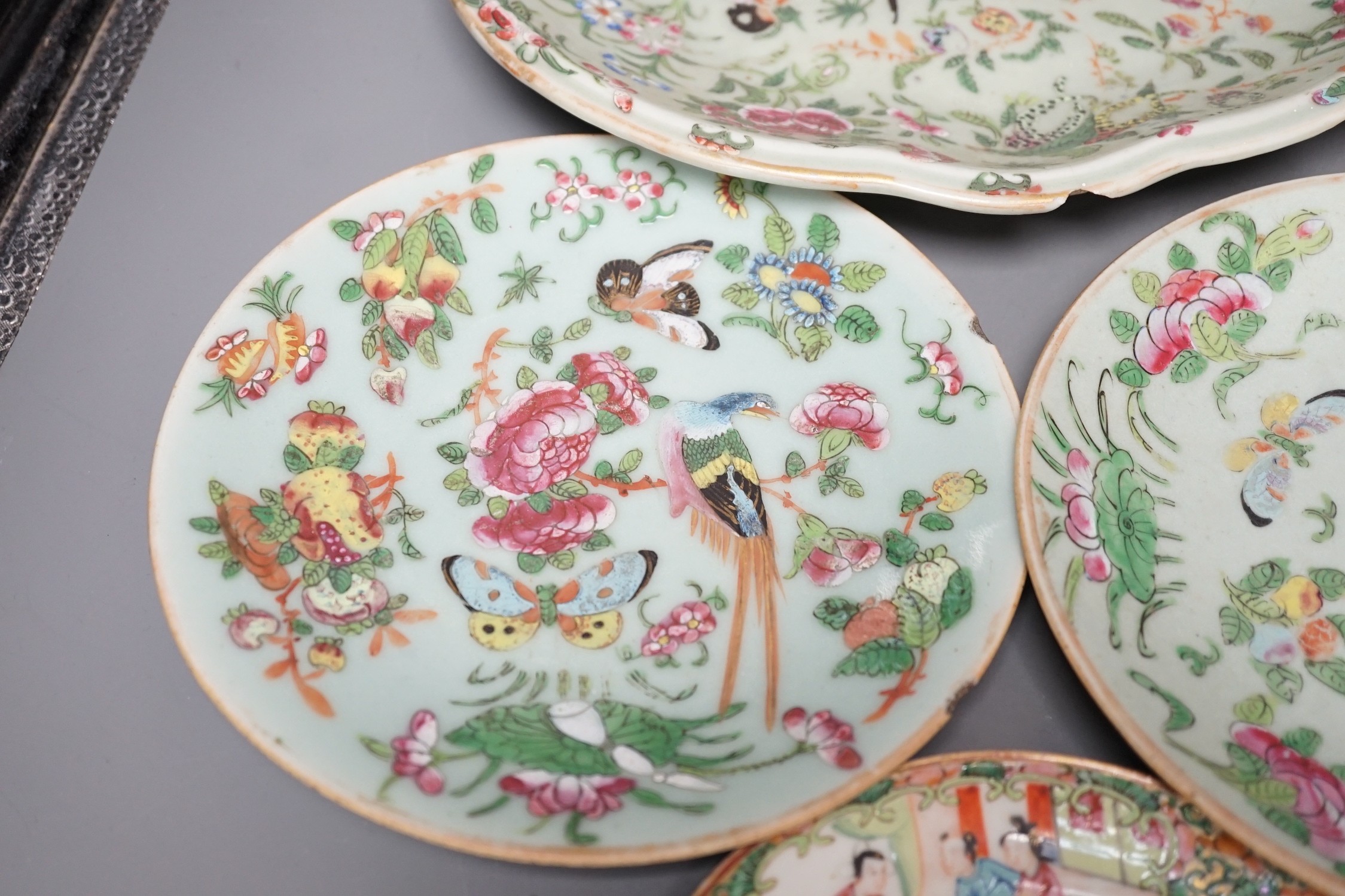 Assorted Chinese Canton decorated famille rose plates, 19th century, largest 27.5cm